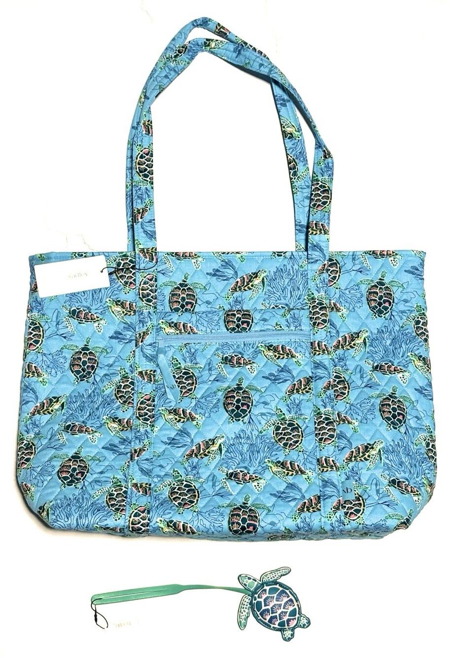 Vera Bradley Sea Turtles Coral Large Vera Travel Tote Quilted Cotton Bag Charm